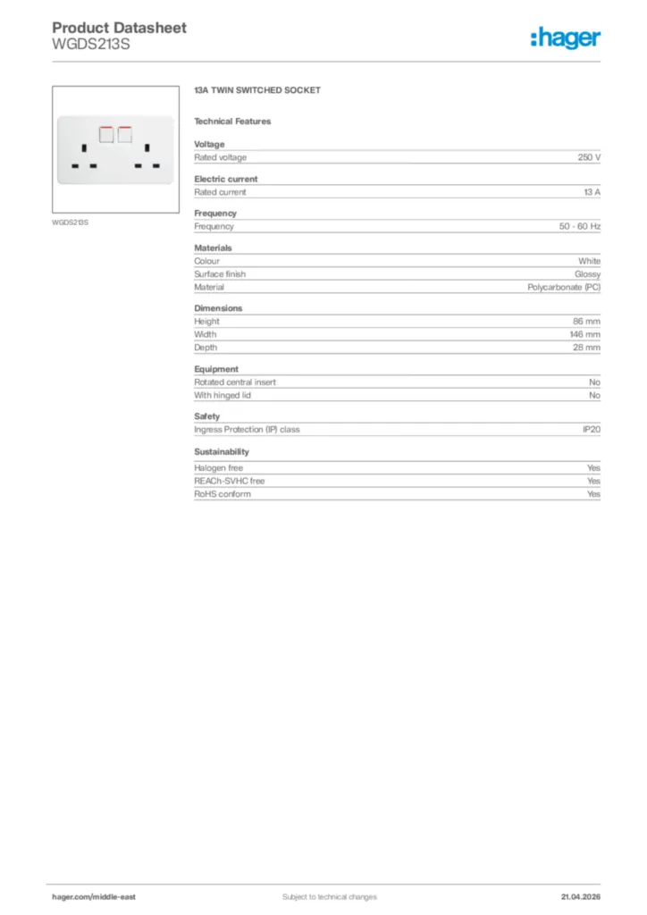 Image Hager Product data sheet WGDS213S  | Hager