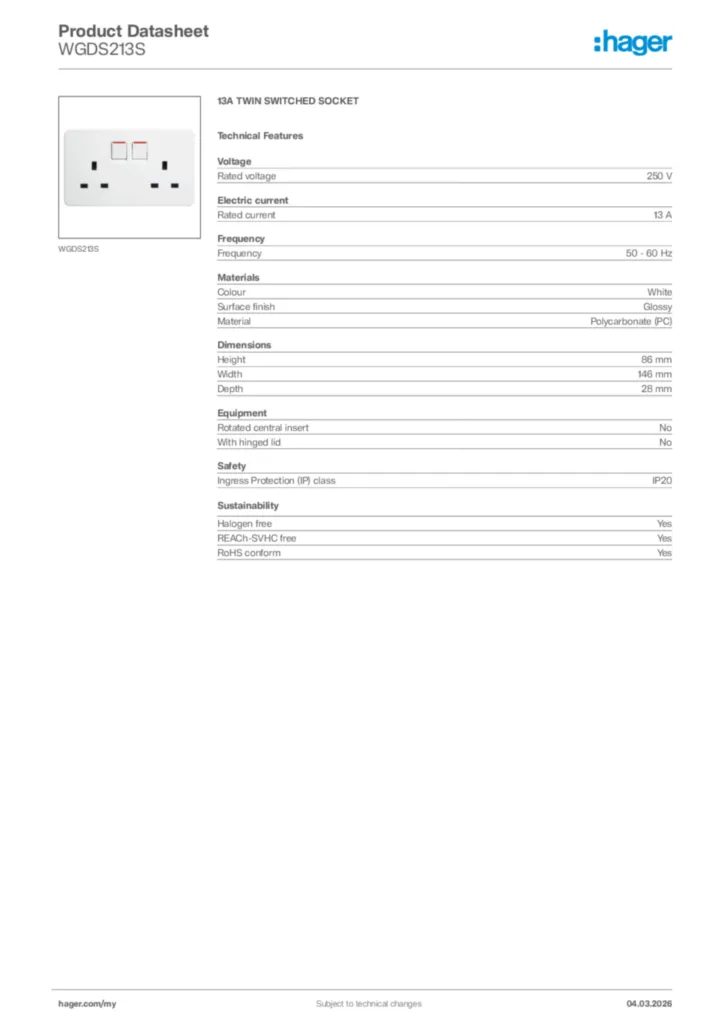 Image Hager Product data sheet WGDS213S  | Hager