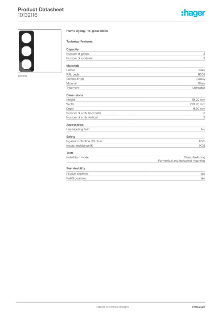 Image Hager Product data sheet 10132116  | Hager