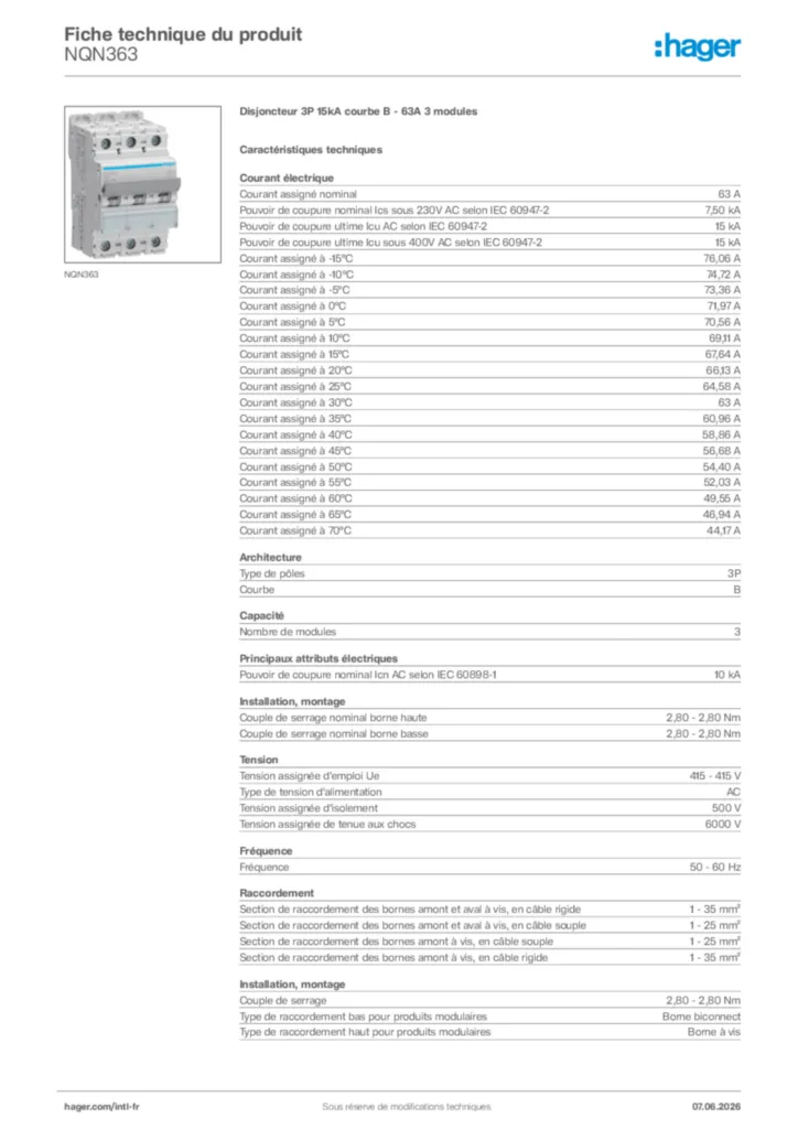 Image Hager Fiche technique du produit NQN363 | Hager Afrique