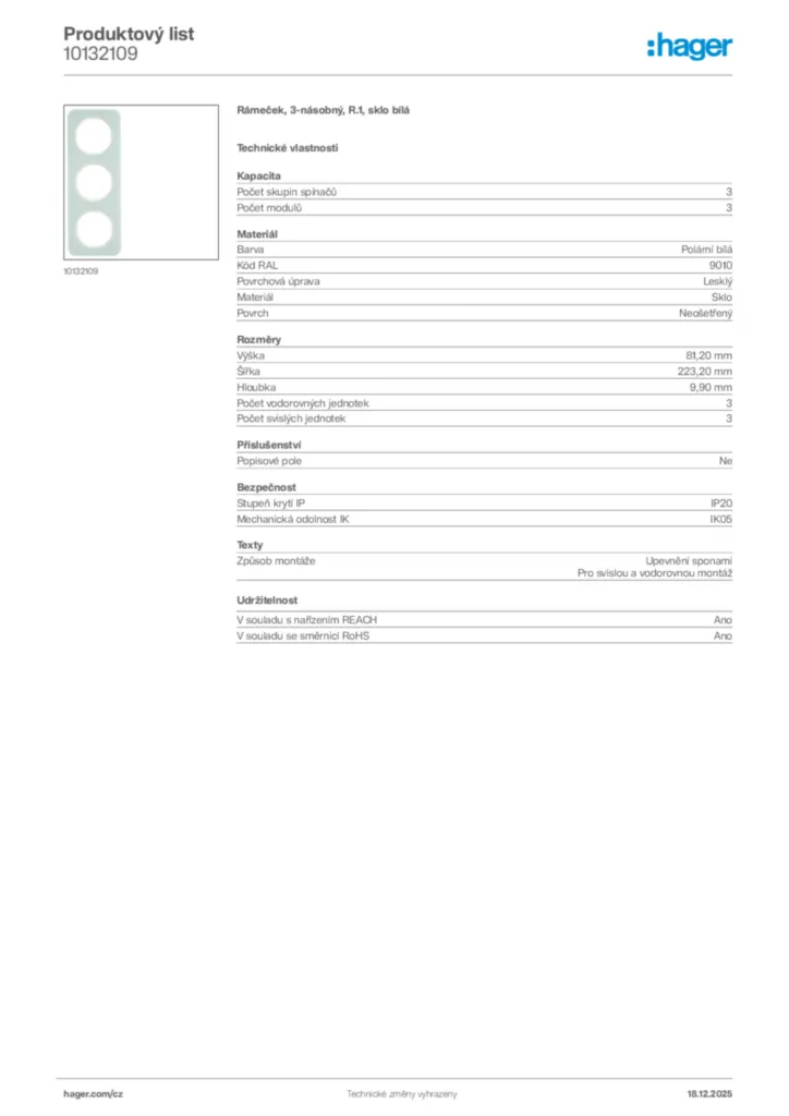 Obrázek Hager Produktový list 10132109 | Hager