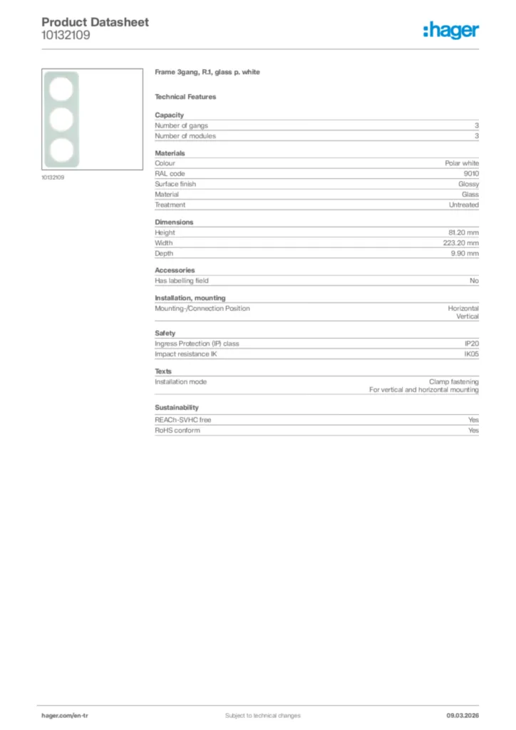 Image Hager Product data sheet 10132109  | Hager