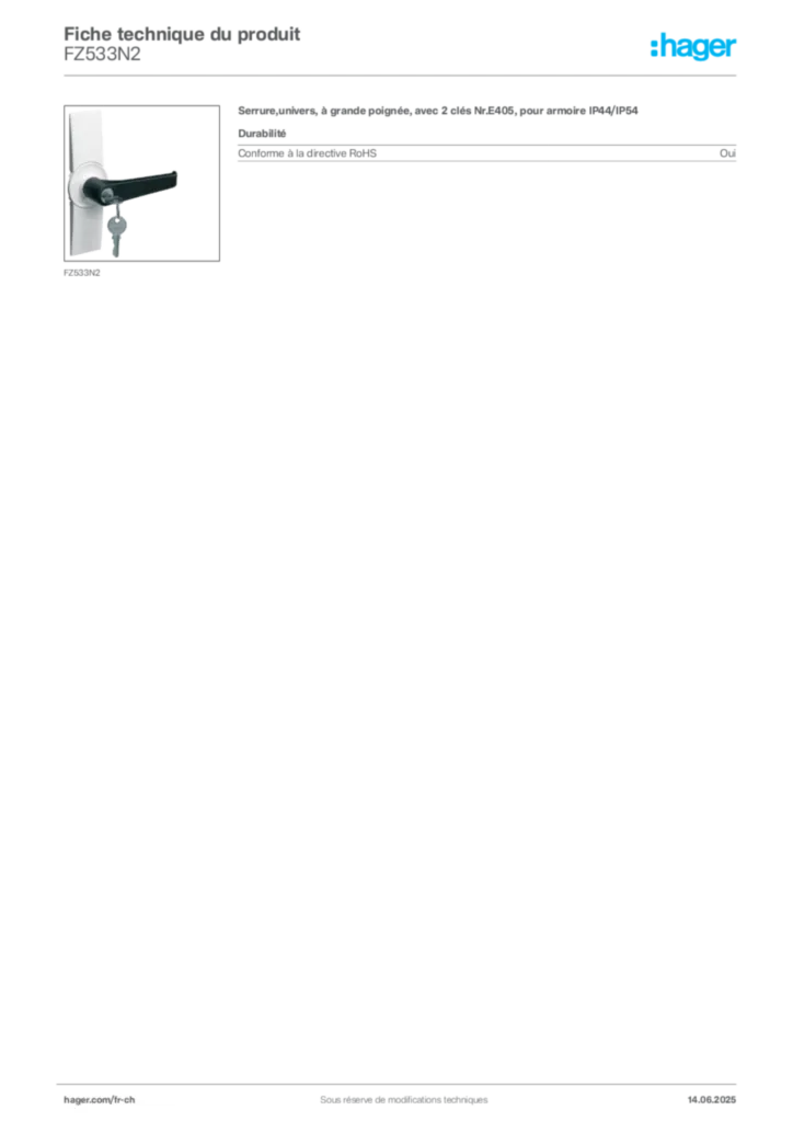 Image Hager Fiche technique du produit FZ533N2 | Hager Suisse