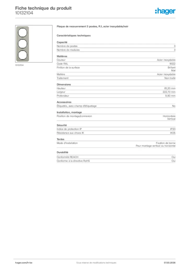 Image Hager Fiche technique du produit 10132104 | Hager Belgique