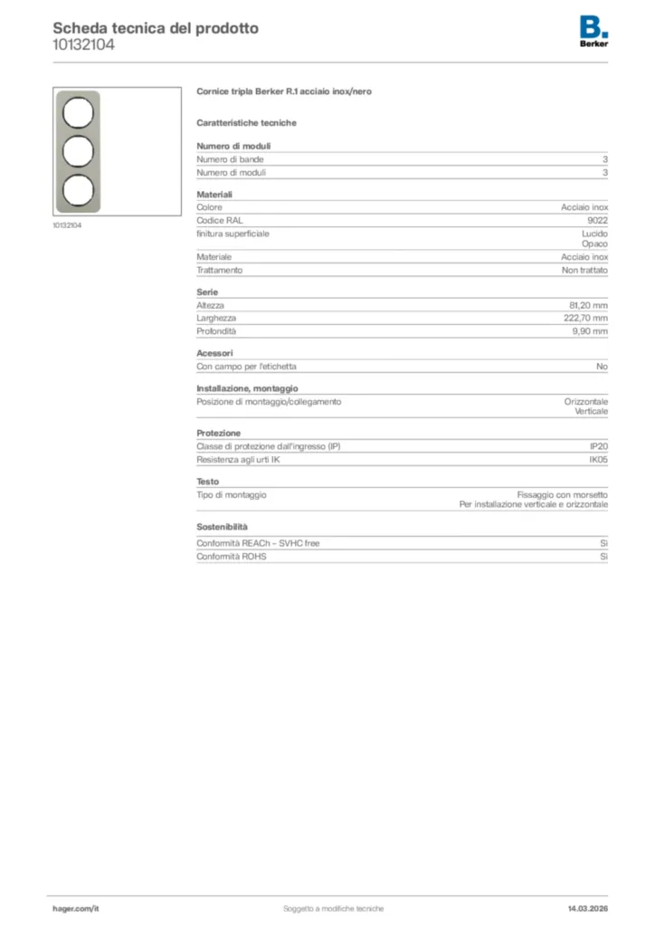 Immagine Berker Scheda tecnica del prodotto 10132104 | Hager Italia