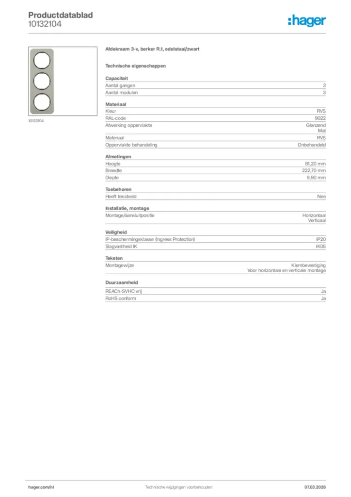 Afbeelding Hager Productdatablad 10132104 | Hager Nederland