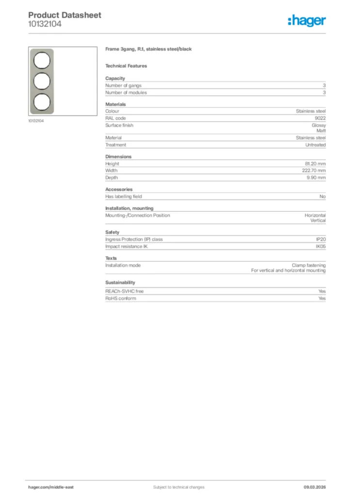 Image Hager Product data sheet 10132104  | Hager