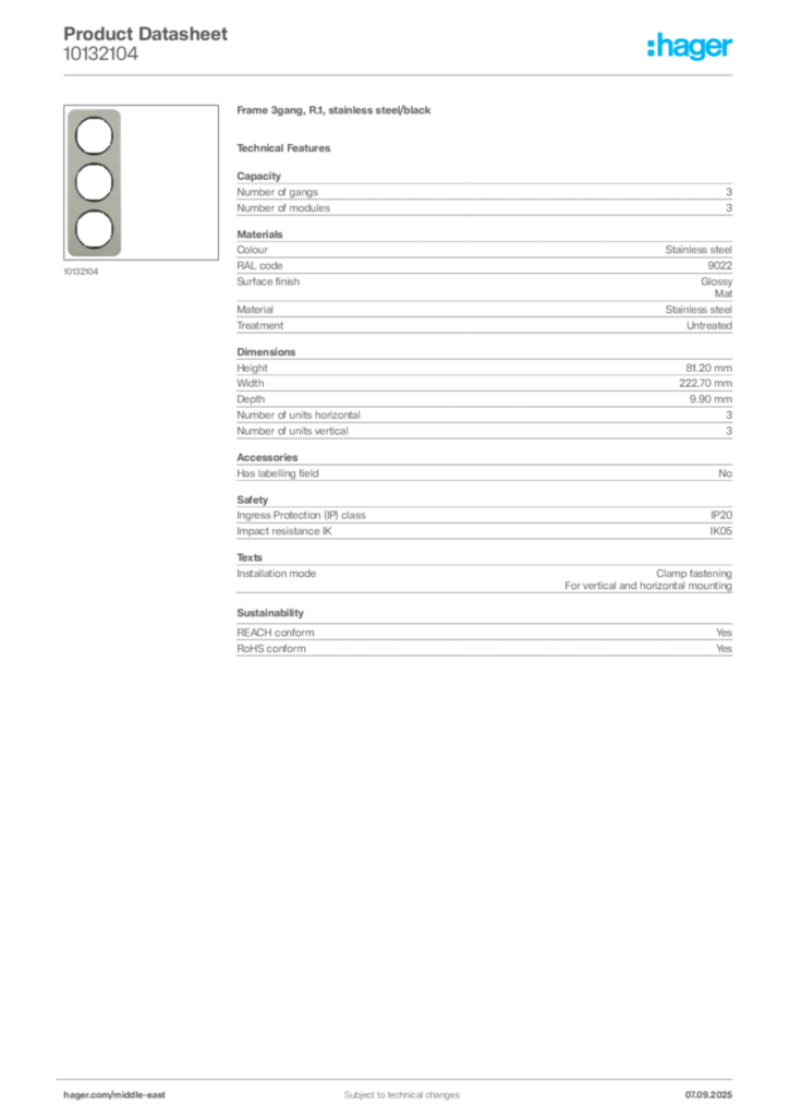 Image Hager Product data sheet 10132104  | Hager