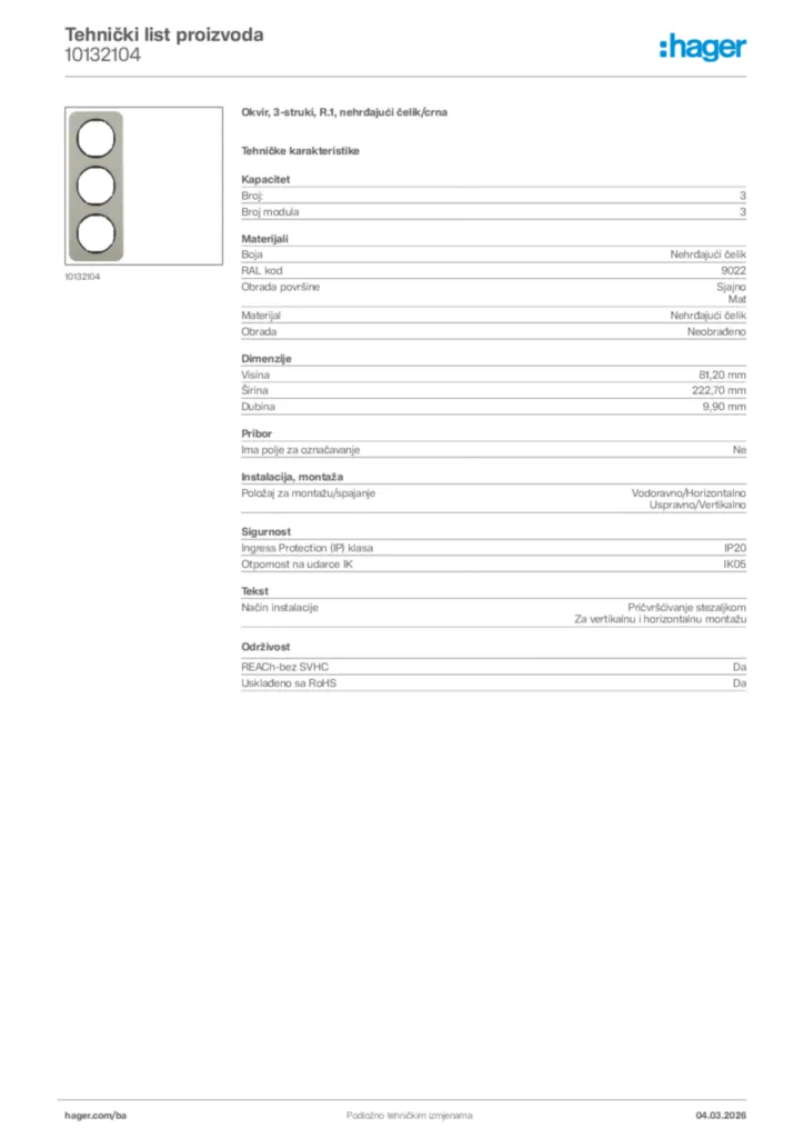 Slika Hager Tehnički list proizvoda 10132104  | Hager