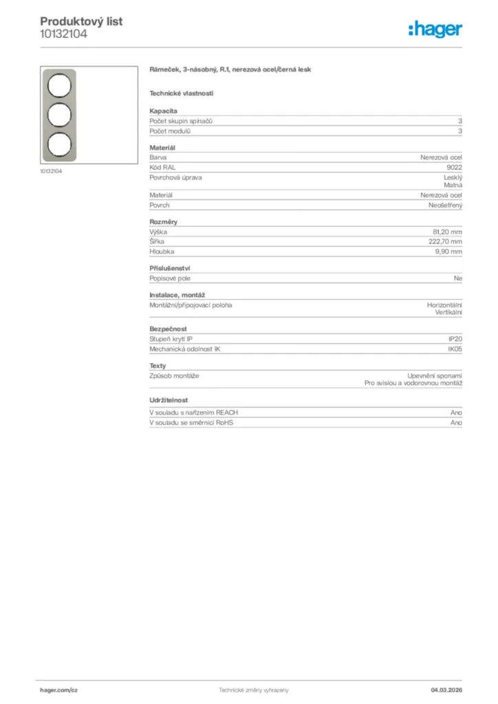Obrázek Hager Product data sheet 10132104 | Hager