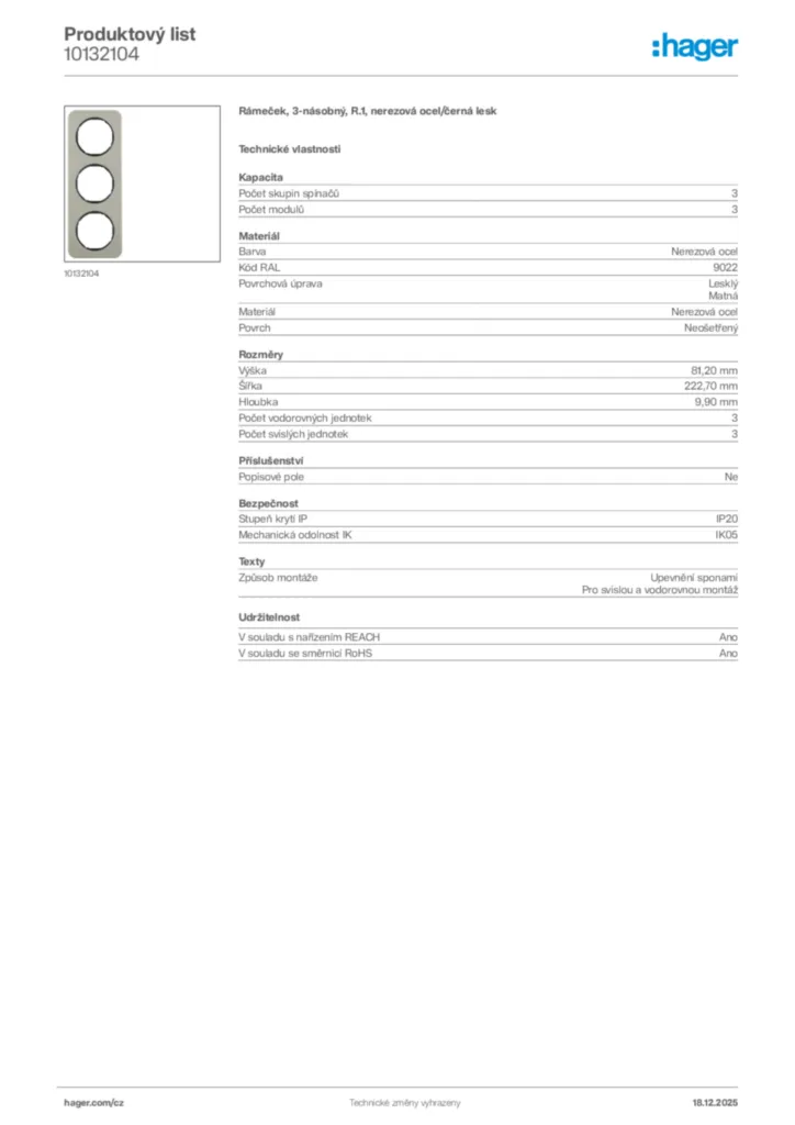 Obrázek Hager Produktový list 10132104 | Hager