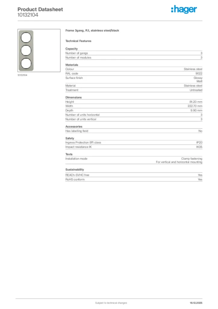 Image Hager Product data sheet 10132104  | Hager