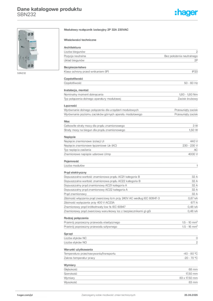 Zdjęcie Hager Karta katalogowa SBN232 | Hager Polska