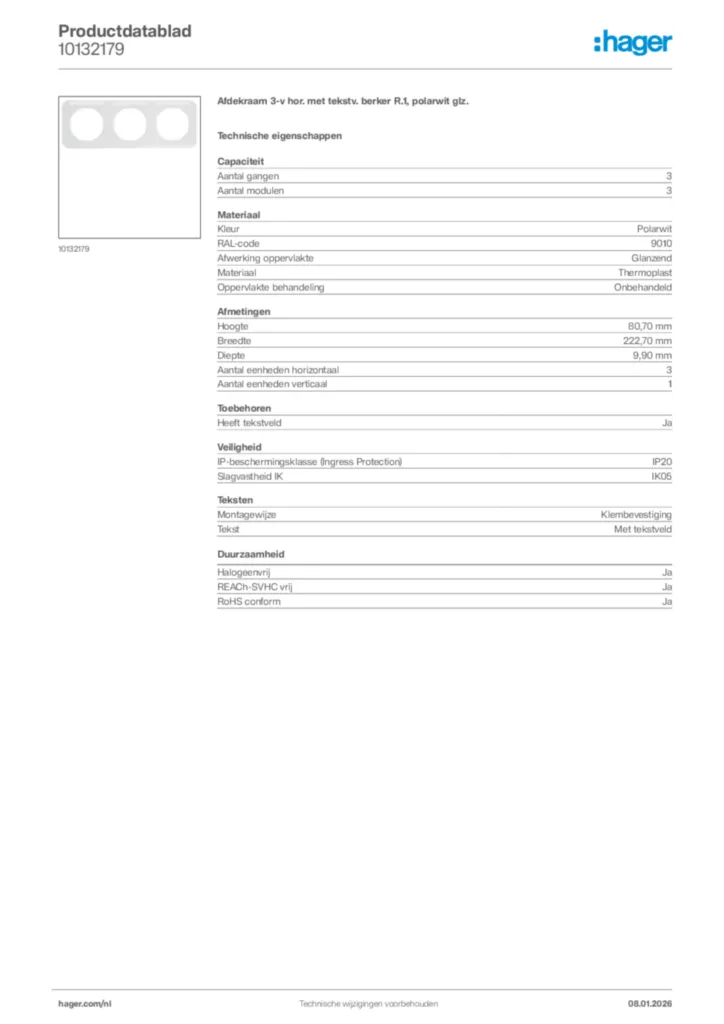 Afbeelding Hager Productdatablad 10132179 | Hager Nederland
