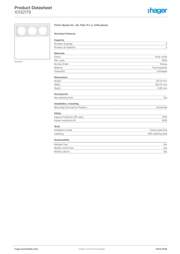 Image Hager Product data sheet 10132179  | Hager