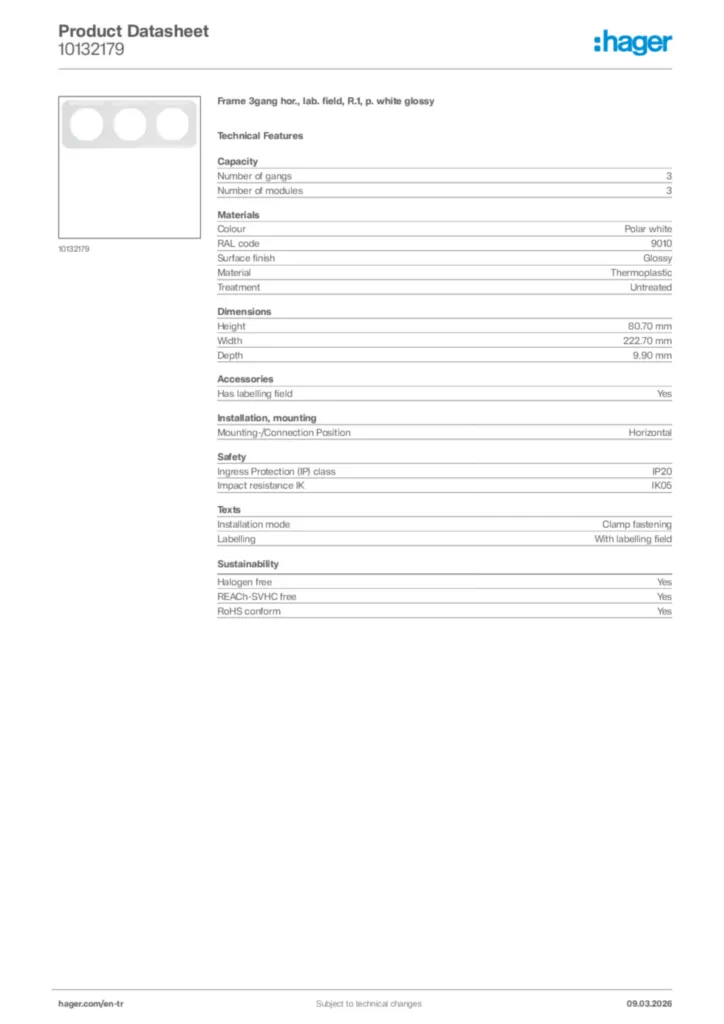 Image Hager Product data sheet 10132179  | Hager