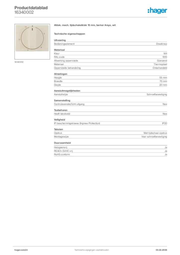 Afbeelding Hager Productdatablad 16340002 | Hager Nederland