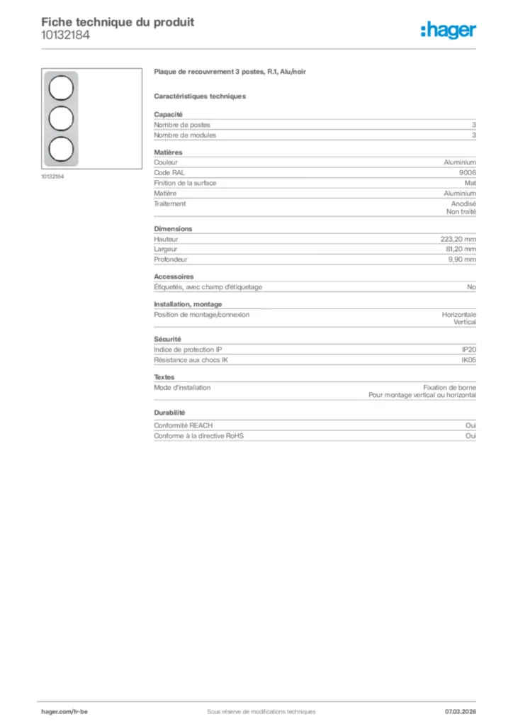 Image Hager Fiche technique du produit 10132184 | Hager Belgique