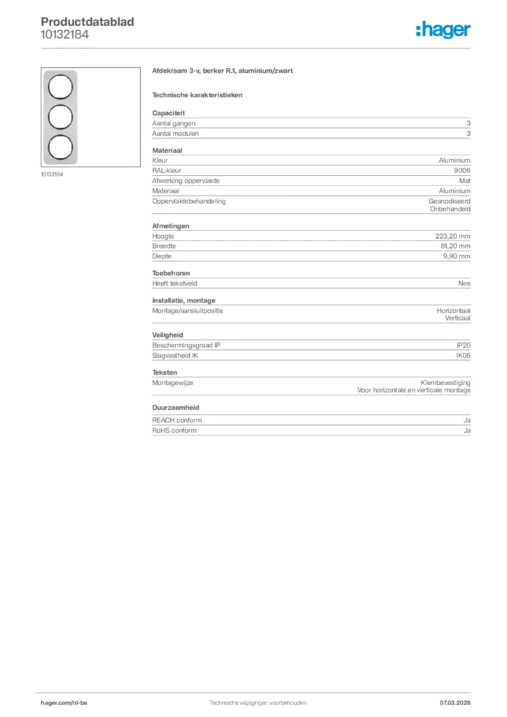 Afbeelding Hager Productdatablad 10132184 | Hager Belgium