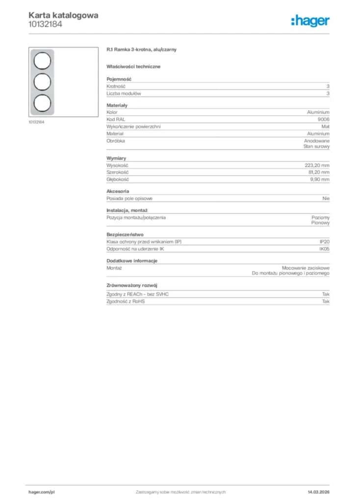 Zdjęcie Hager Karta katalogowa 10132184 | Hager Polska