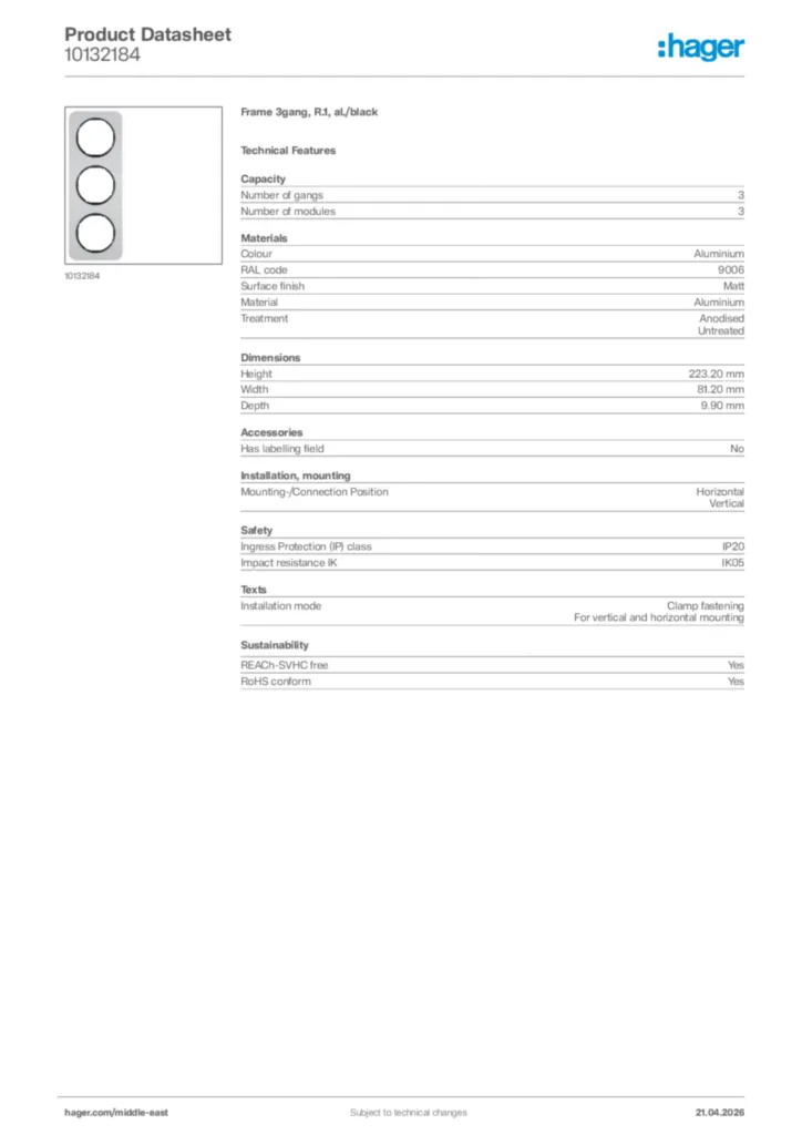 Image Hager Product data sheet 10132184  | Hager