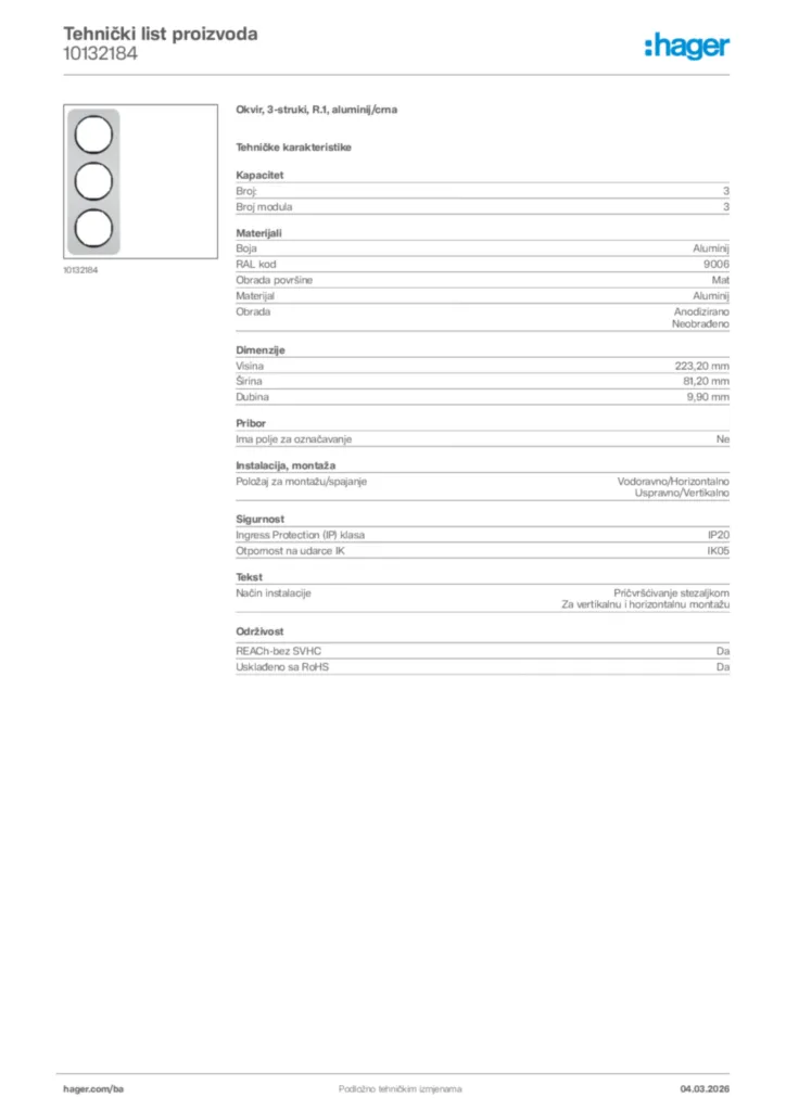 Slika Hager Tehnički list proizvoda 10132184  | Hager