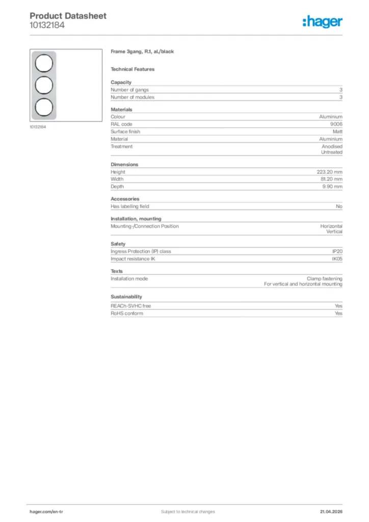Image Hager Product data sheet 10132184  | Hager