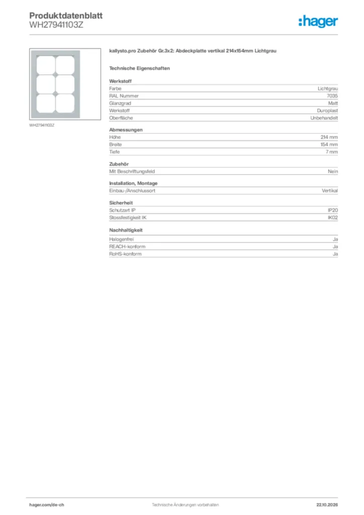Bild Hager Produktdatenblatt WH27941103Z | Hager Schweiz