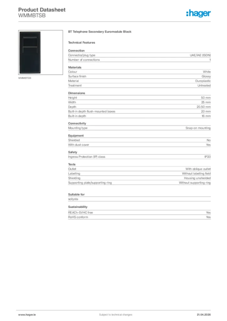 Image Hager Product data sheet WMMBTSB  | Hager
