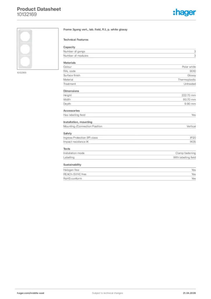 Image Hager Product data sheet 10132169  | Hager