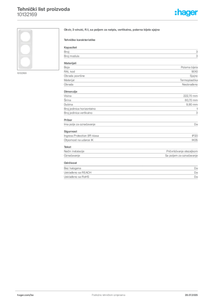 Slika Hager Product data sheet 10132169  | Hager