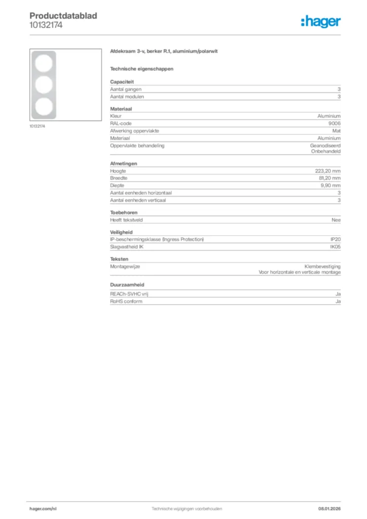 Afbeelding Hager Productdatablad 10132174 | Hager Nederland