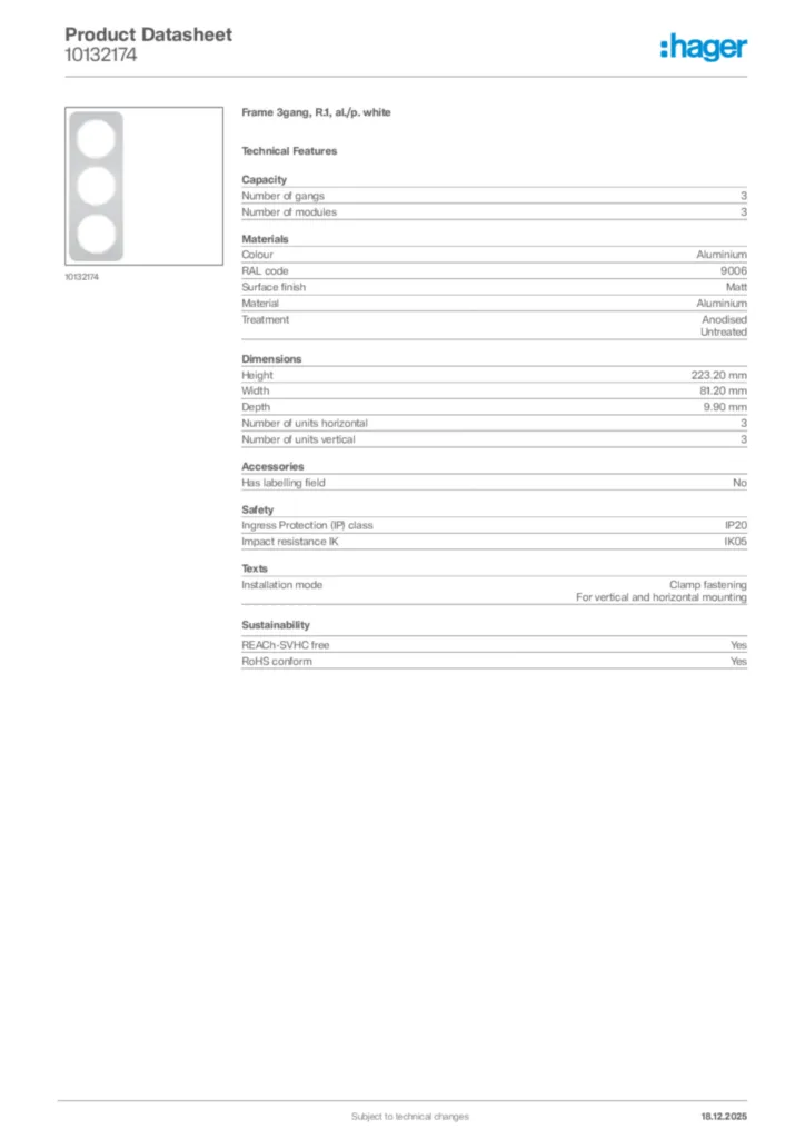 Image Hager Product data sheet 10132174  | Hager