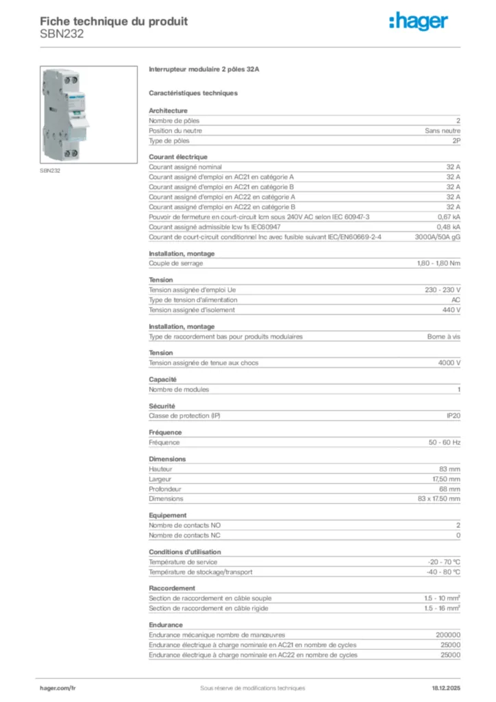 Image Hager Fiche technique du produit SBN232 | Hager France