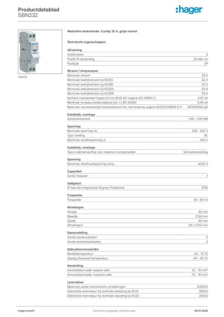 Afbeelding Hager Productdatablad SBN232 | Hager Nederland