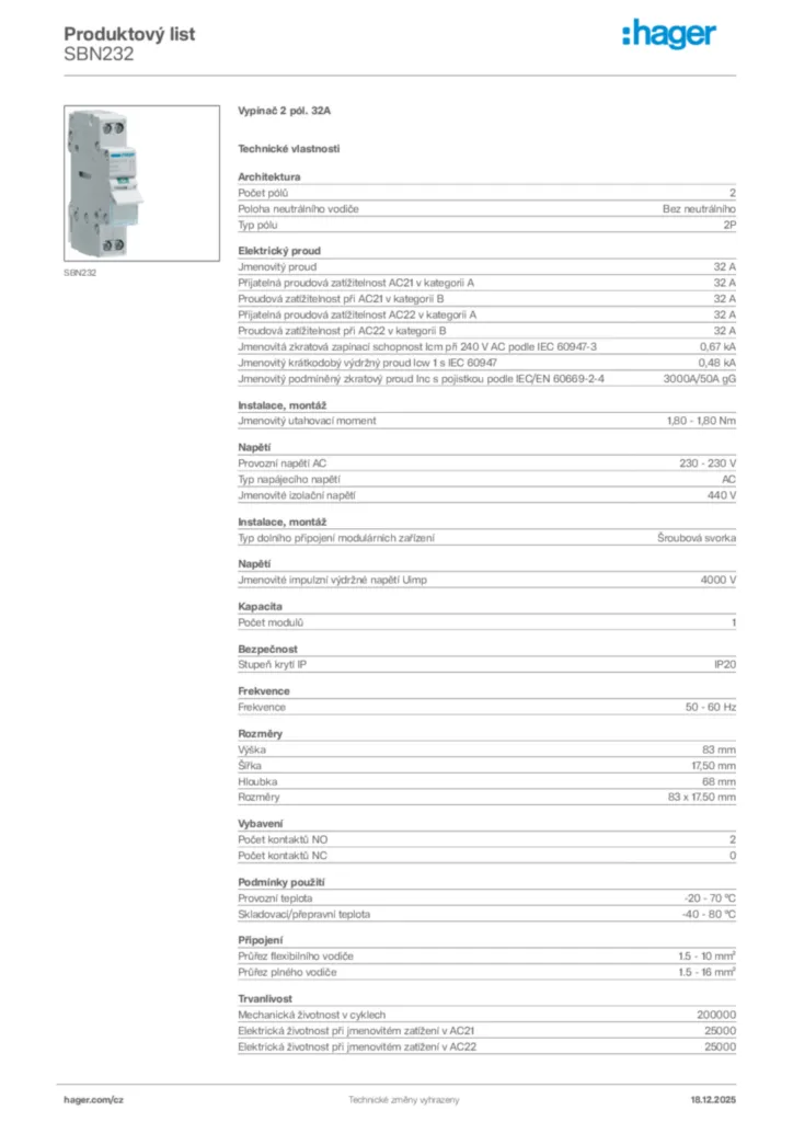 Obrázek Hager Produktový list SBN232 | Hager