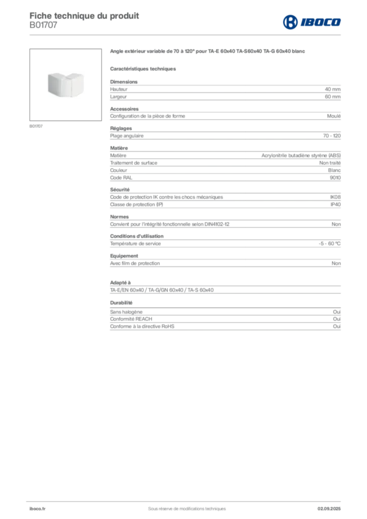 Image Iboco Fiche technique du produit B01707 | Hager France