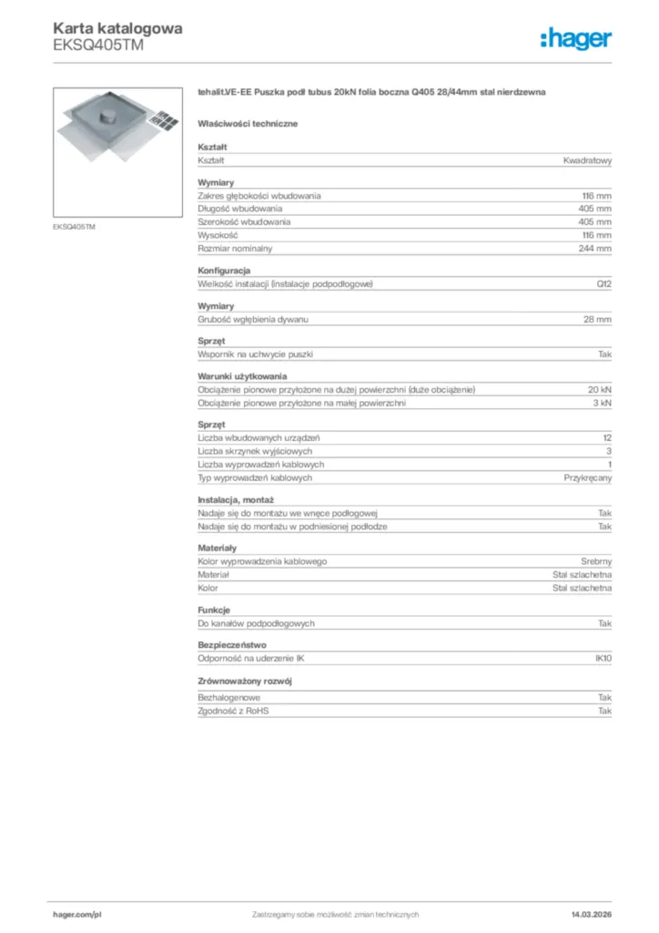 Zdjęcie Hager Karta katalogowa EKSQ405TM | Hager Polska