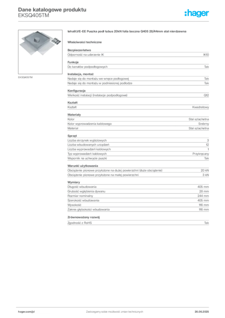 Zdjęcie Hager Karta katalogowa EKSQ405TM | Hager Polska