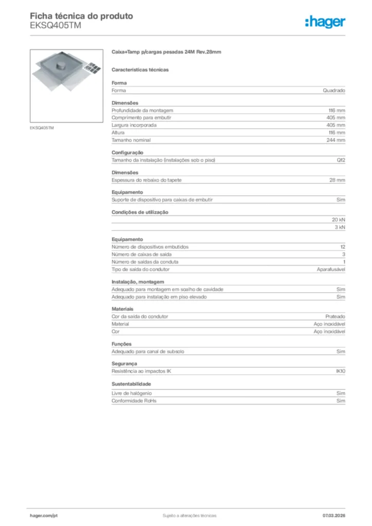 Imagem Hager Ficha técnica do produto EKSQ405TM | Hager Portugal
