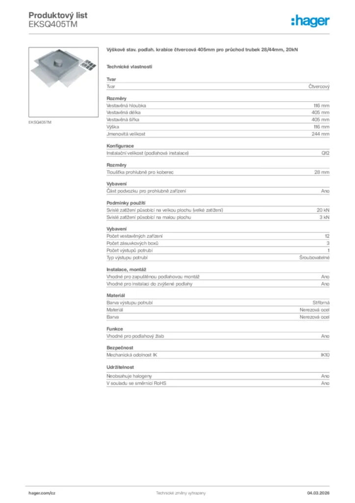 Obrázek Hager Product data sheet EKSQ405TM | Hager