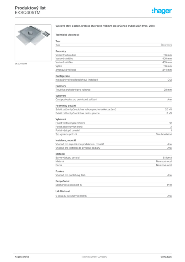 Obrázek Hager Produktový list EKSQ405TM | Hager