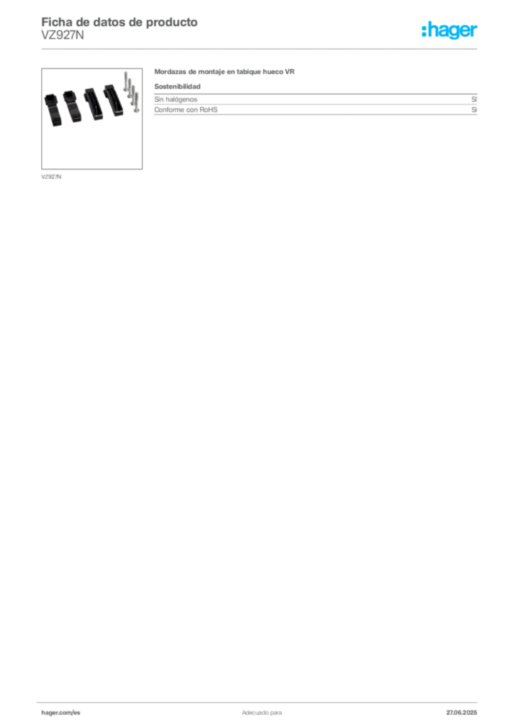 Imagen Hager Ficha de datos de producto VZ927N | Hager España