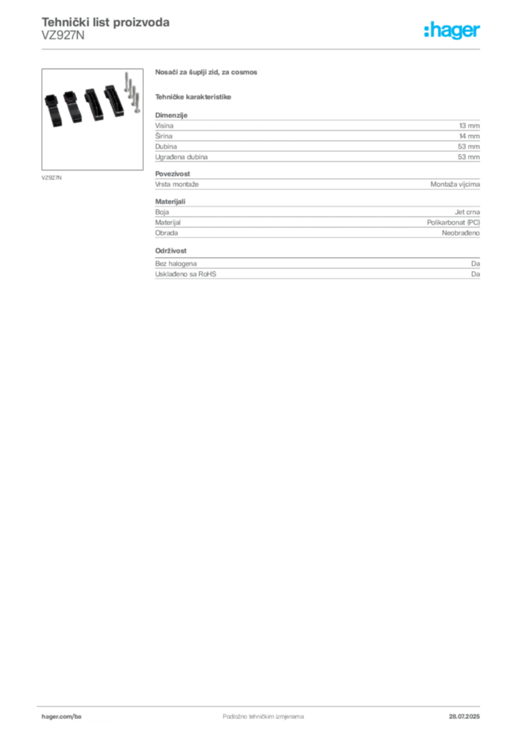 Slika Hager Product data sheet VZ927N  | Hager
