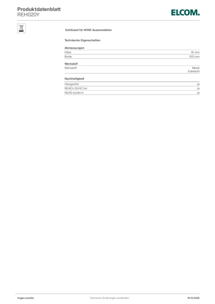 Bild Elcom Produktdatenblatt REH020Y | Hager Deutschland