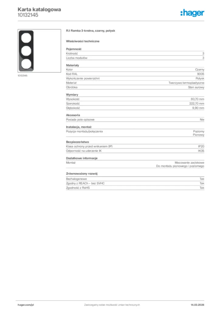 Zdjęcie Hager Karta katalogowa 10132145 | Hager Polska