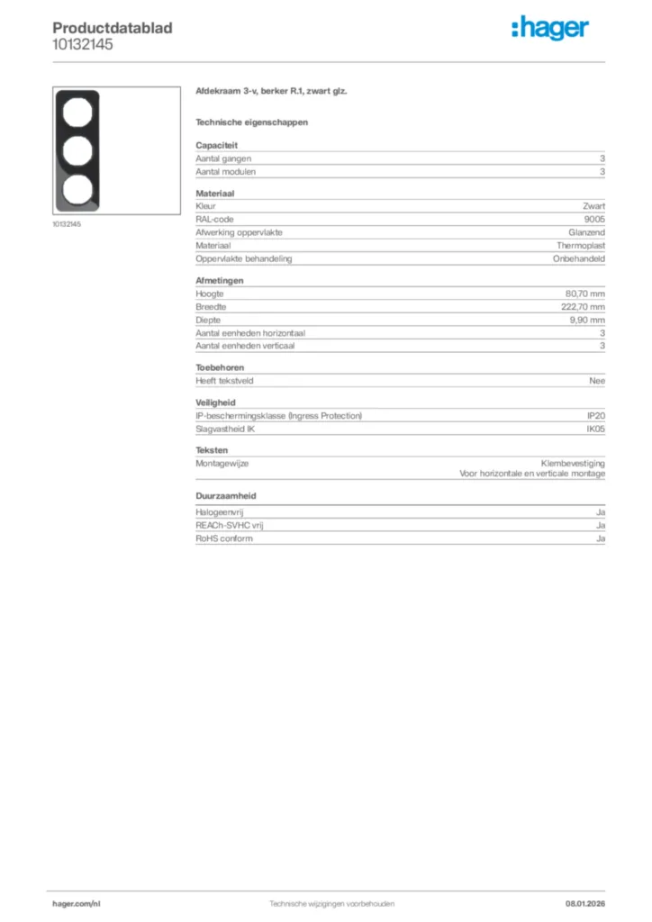 Afbeelding Hager Productdatablad 10132145 | Hager Nederland