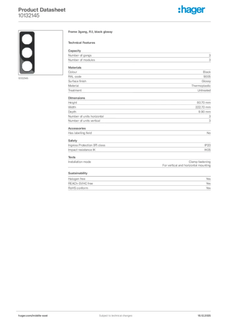 Image Hager Product data sheet 10132145  | Hager