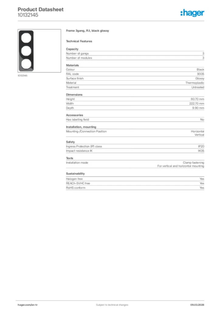 Image Hager Product data sheet 10132145  | Hager