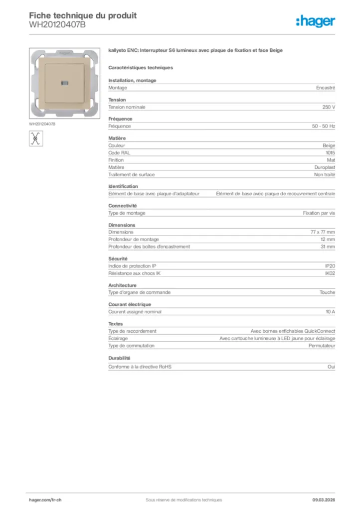 Image Hager Fiche technique du produit WH20120407B | Hager Suisse